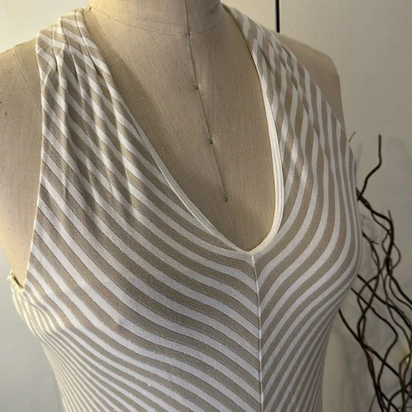 White House Black Market sleeveless stripe blouse in cream and tan - Picture 2 of 8